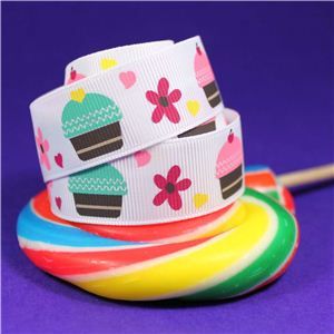Sweet Treat Ribbon - 22mm White/Cake & Flowers